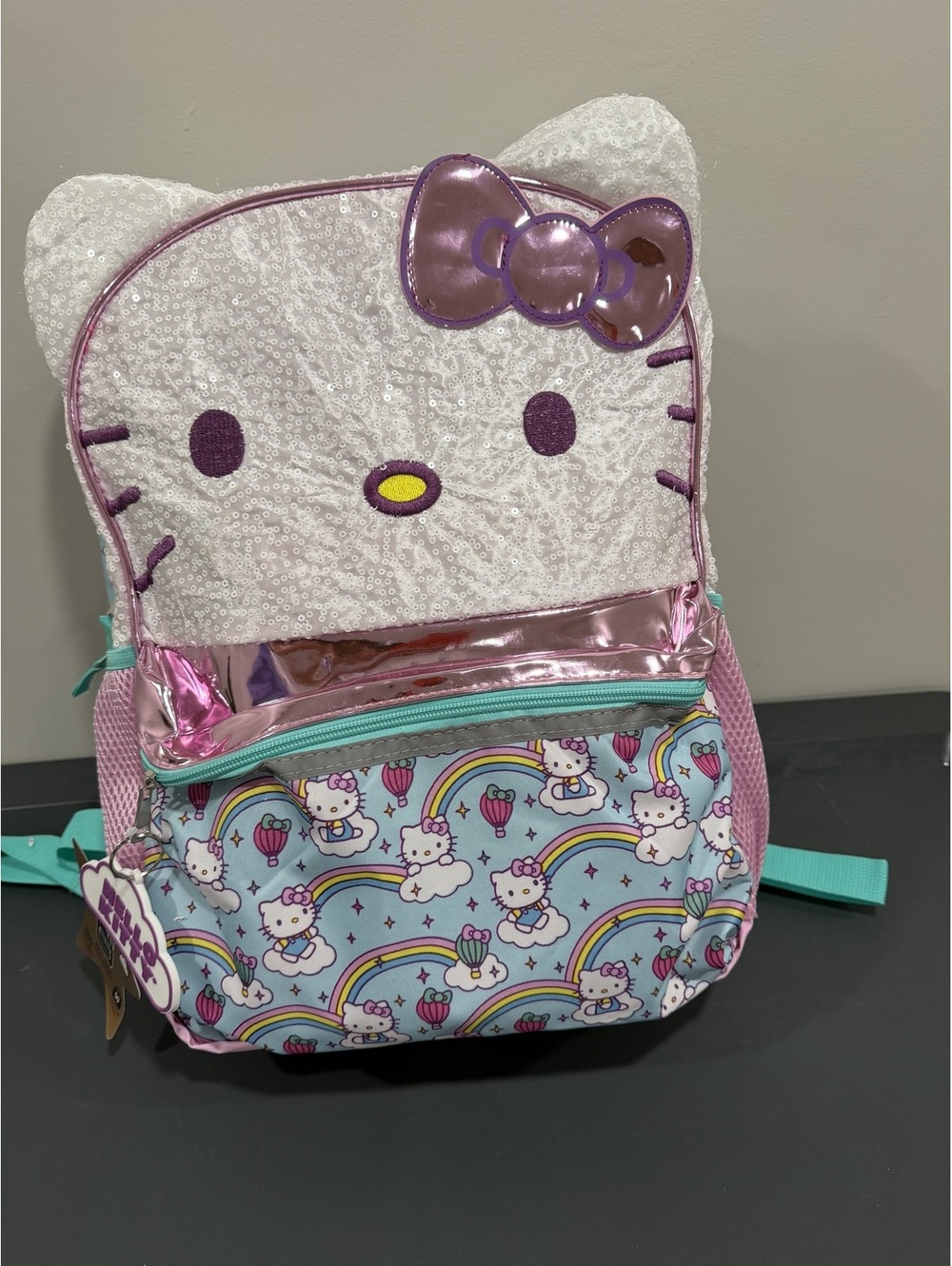Hello Kitty Sanrio Kids Backpack Sequin Face Rainbow Strawberry Print NWT Girls